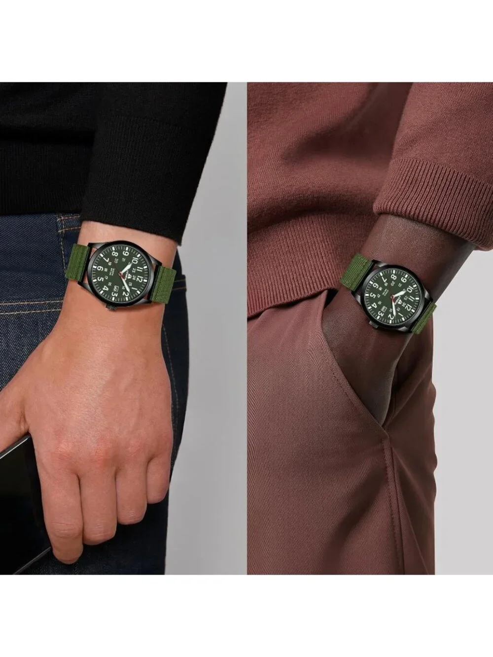 Men Green Red Nylon Strap Stylish Luminous Unisex Military Tactical Casual Watch